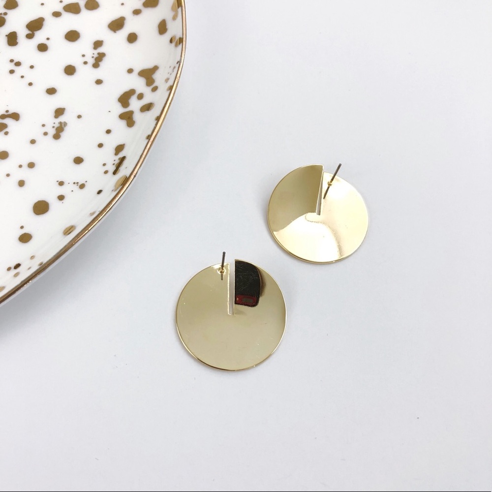 Brushed Gold Split Disk Stud Earrings NEW - Picture 4 of 5